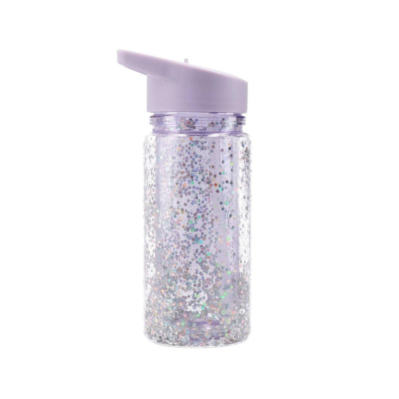 BOTELLA DE PLÁSTICO CON PAJITA GLITTER STARS LILA