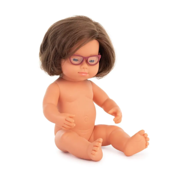 MUÑECA CAUCÁSICA SÍNDROME DE DOWN CON GAFAS 38CM