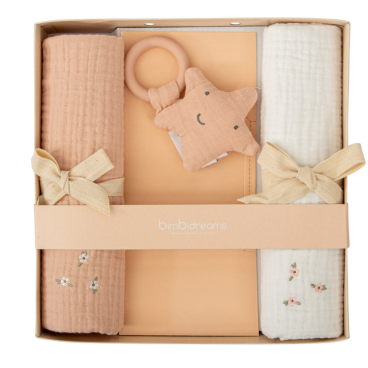 SET DE REGALO GASAS BORDADAS Y MORDEDOR ESTRELLA MATALASSE ROSA EMPOLVADO